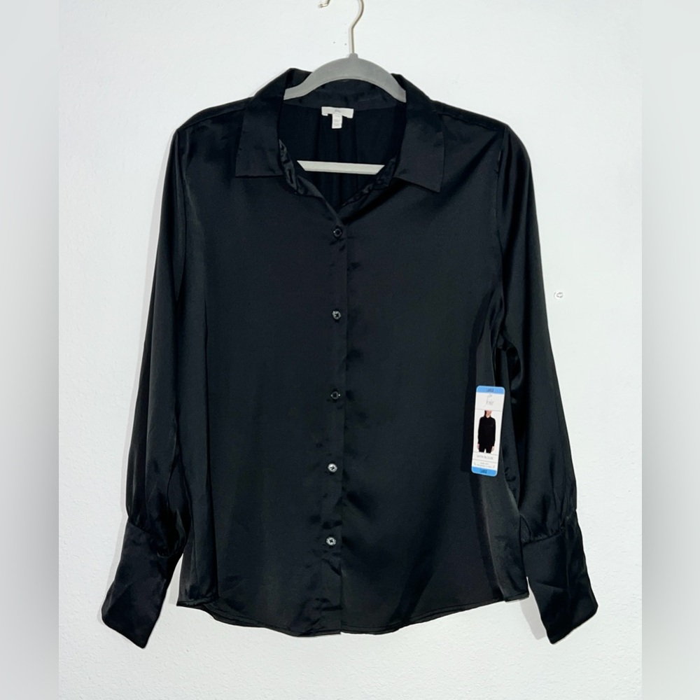 NWT Joie Satin Buttoned Career Blouse Black Large Office